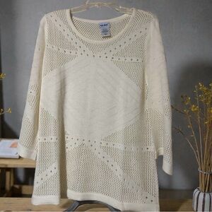 Vicki Wayne Women’s Sweater Size Large Boho Crochet Knit Cream Cottagecore Top